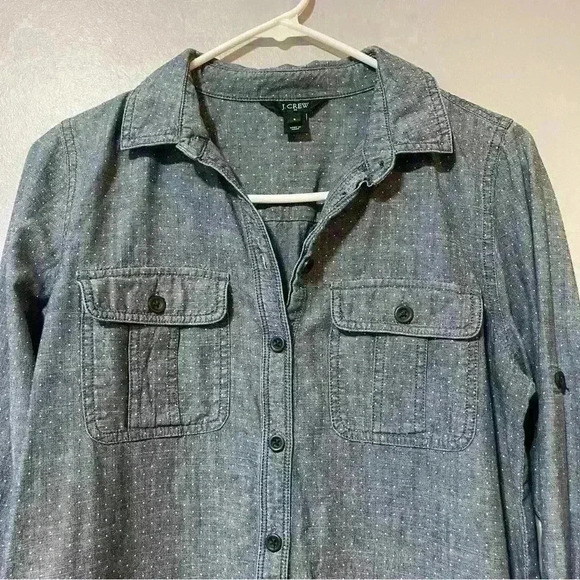 J. Crew Factory S Polka Dot Blue Chambray Roll Tab Sleeve Popover Shirt Dress - Picture 3 of 9
